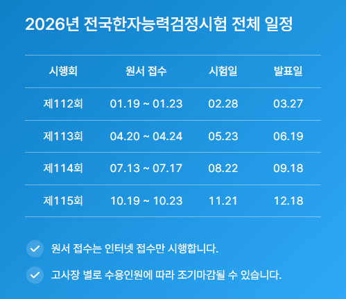 2026년 전국한자능력검정시험 전체 일정
